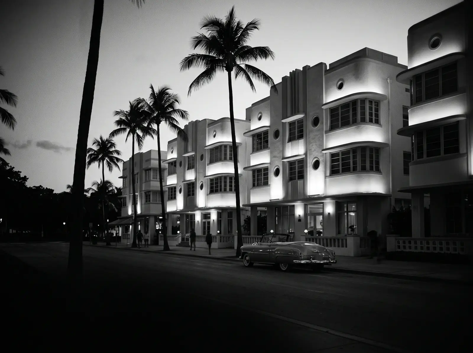 Art Deco hotels on Ocean Drive at night, Miami Beach, in black and white
