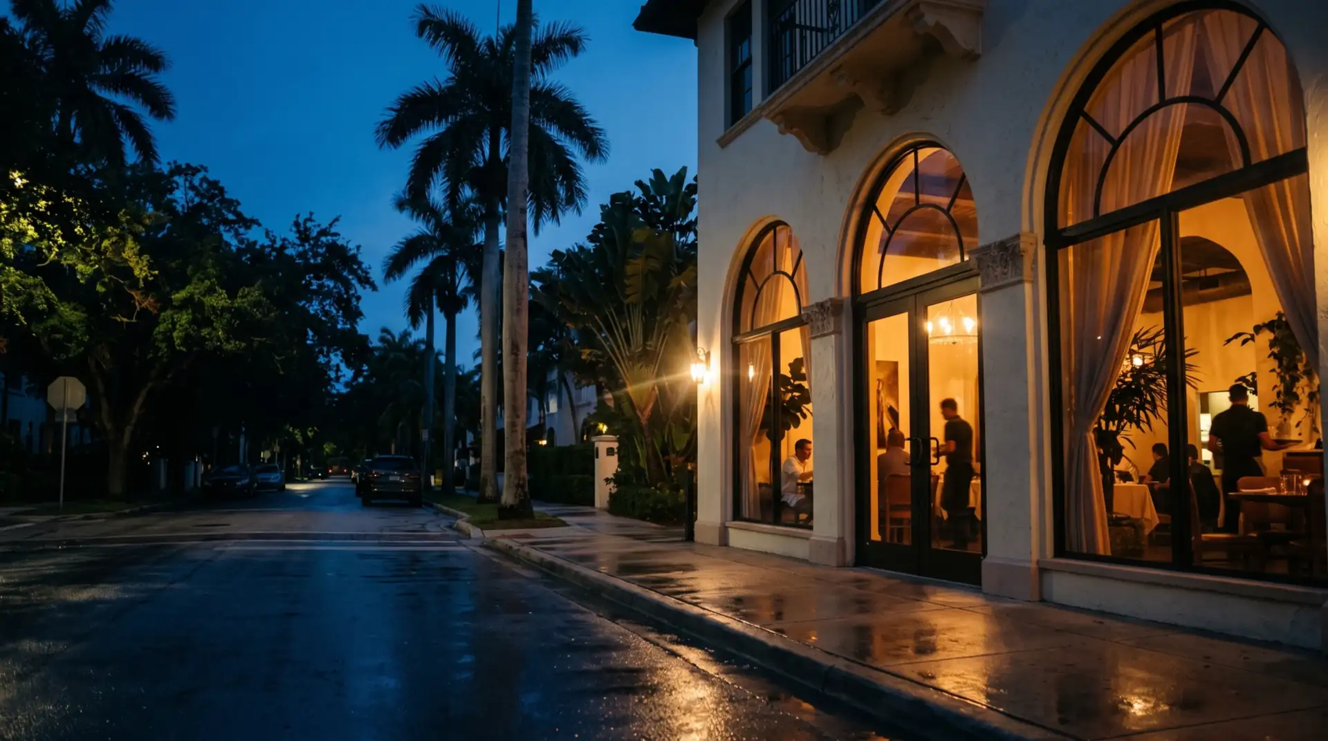 A Miami bistro glowing at blue hour after the rain, palms along the street